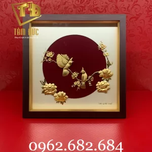 Tranh vàng 24k chim uyên ương hoa mẫu đơn - quà tặng Trọng Tín